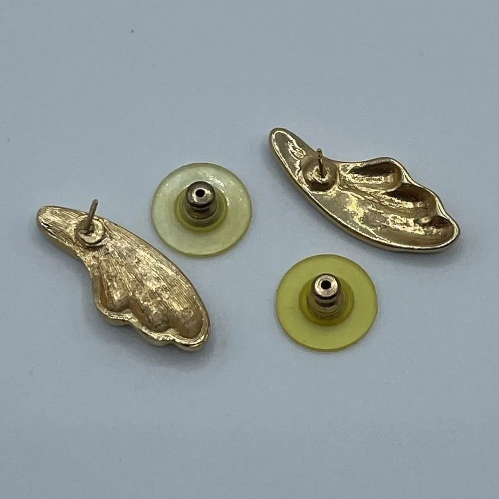 Vintage Monet Gold Tone Blue Rhinestone Angel Wings Stud Post Setting Earrings